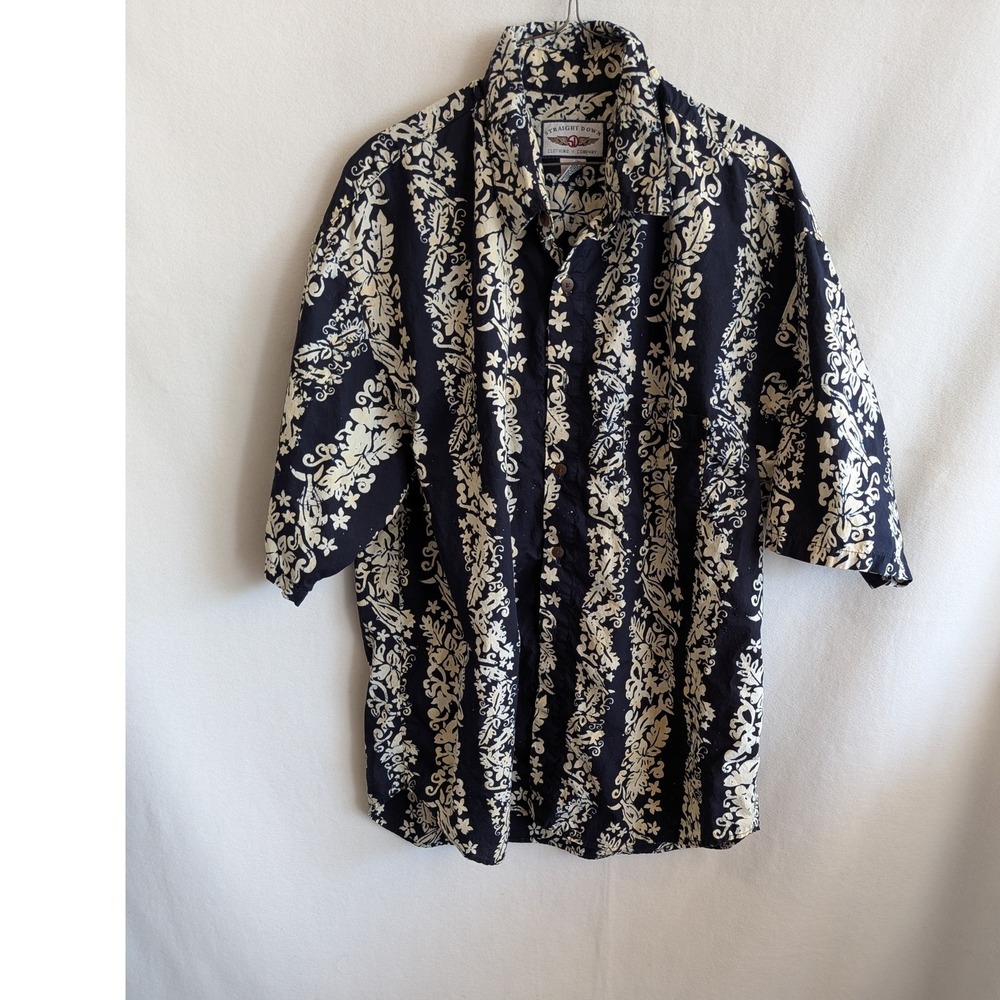 Straight Down Mens XL Cotton Floral Batik Button Down Shirt Navy Made in USA